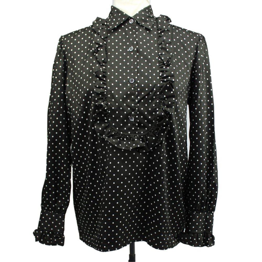 VTG Saint Laurent Rive Gauche Black Silk Polka Dot Ruffled Bib Blouse 40 France